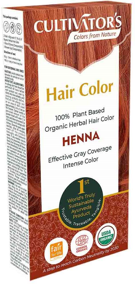 Doos voor henna haarkleur, groene en oranje logo's, vermeldt natuurlijk, biologisch, duurzaam en vegan.