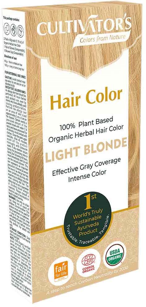Haarkleuringdoos met natuurlijke thema's, benadrukt biologische, duurzame en kruidige ingrediënten voor lichtblond haar.