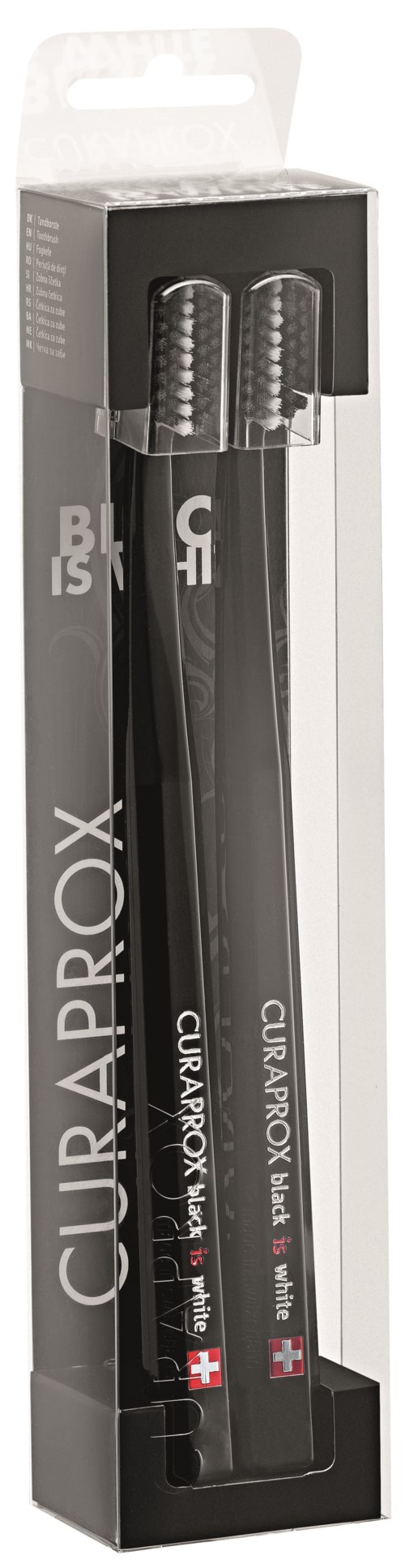 Zwei Curaprox-Zahnbürsten in einer transparenten schwarzen Verpackung mit Marken- und Produktdetails.