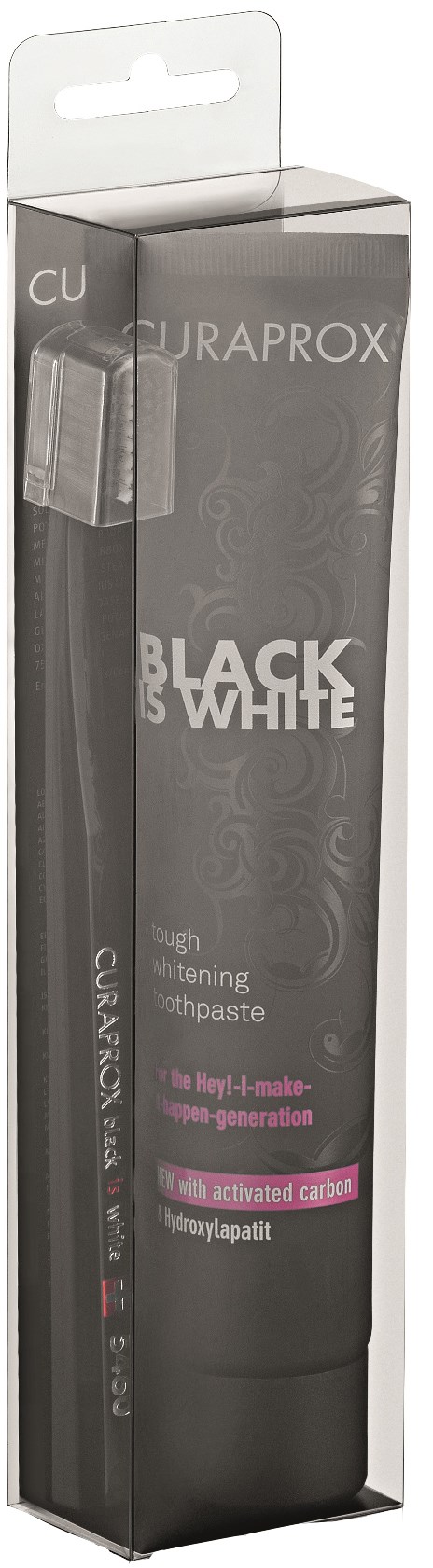 Zahnpastatube ist in einer klaren Verpackung, schwarze und weiße Beschriftung, steht "BLACK & WHITE," mit rosa Akzent, in einem vertikalen Karton.