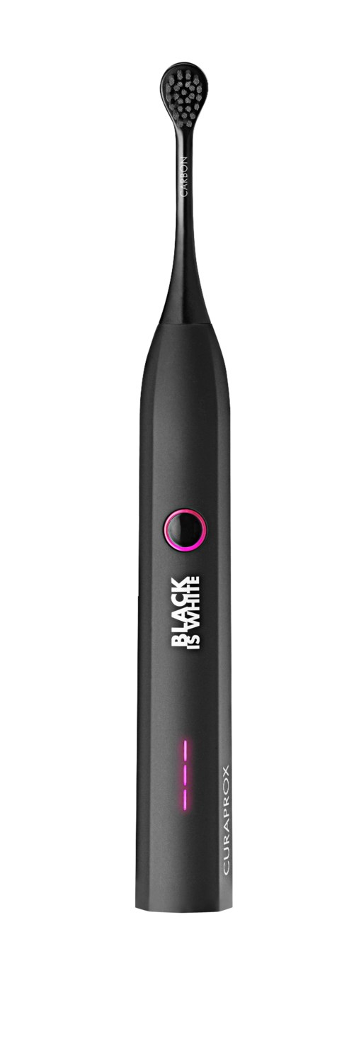 A black electric toothbrush with pink accents and a digital display screen.