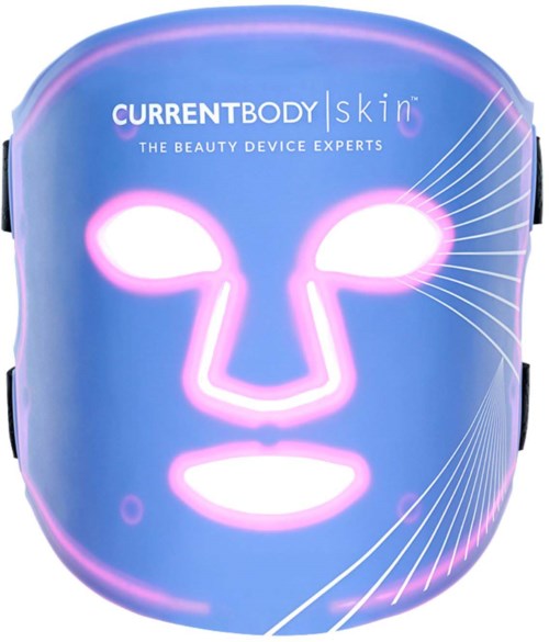 Sininen kasvomaski, jossa on neon pink -rajaukset, merkinnällä CURRENTBODY Skin, käytetään kasvojen ihonhoitoon.