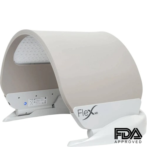 Lääketieteellinen laite, jossa valkoinen kaareva suojus, merkitty 'Flex MD', ja pieni 'FDA Approved'-logo.