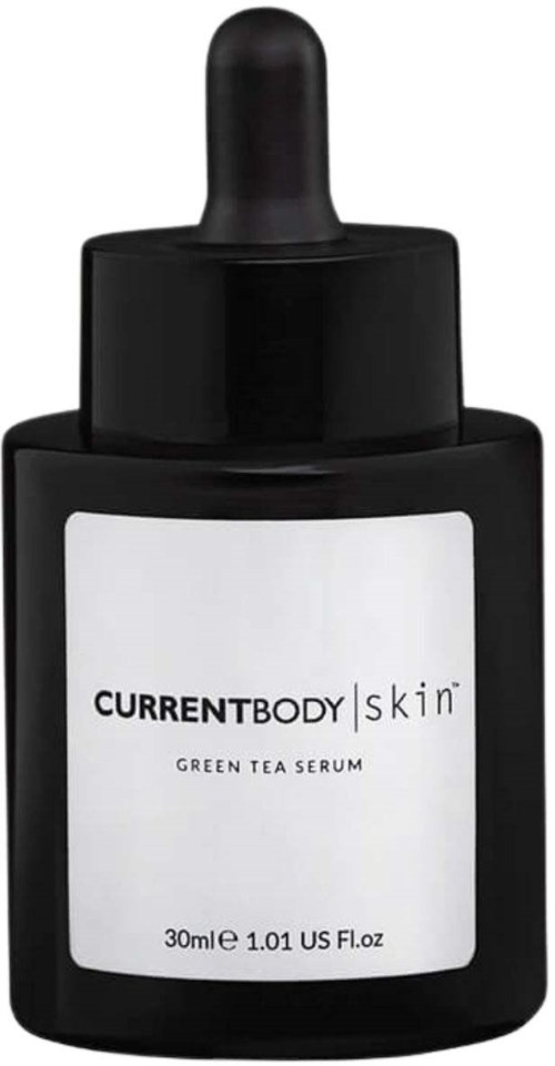 Mustavärinen pullo, jossa tippojen kansi ja etiketti "Currentbody Skin Green Tea Serum."