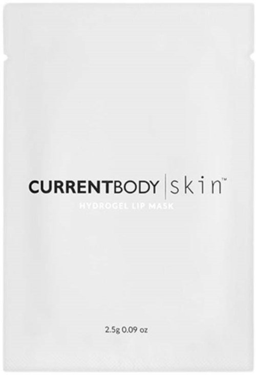 Valkoinen pakkaus, jossa lukee 'Currentbody skin Hydrogel Lip Mask' ja paino. Yksinkertainen ja siisti muotoilu.