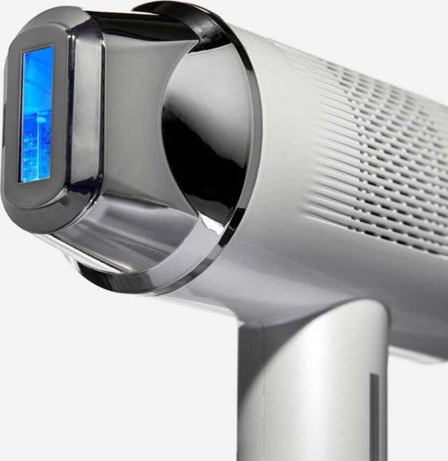Tyylikäs moderni laserkarvanpoistolaite, jossa on digitaalinen sininen näyttö ja lieriömäinen muoto.