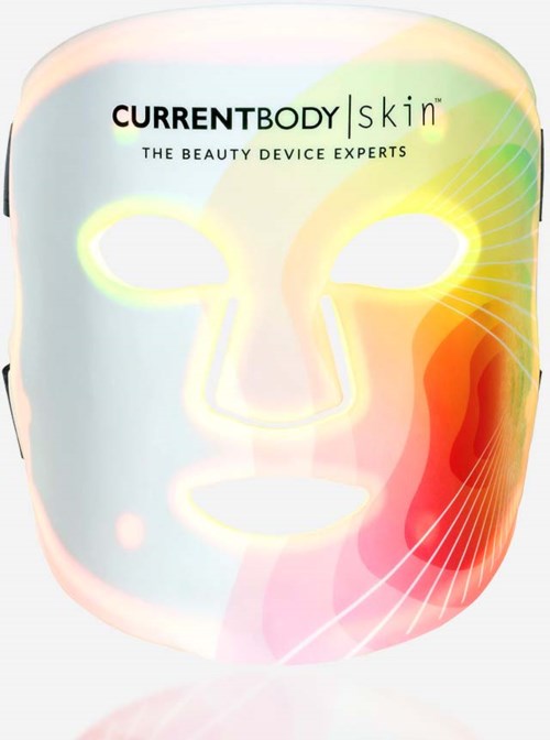 Värikkäitä kasvoservettejä, joissa on silmien, nenän ja suun aukot, ja teksti 'CURRENTBODY skin' ja 'The beauty device experts'.