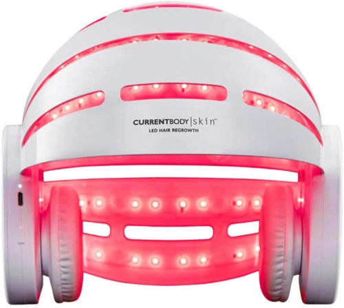 Valkoinen kypärä punaisilla LED-valoilla, merkinnällä 'CURRENTBODY skin' LED-hiustenkasvatushoitoon.