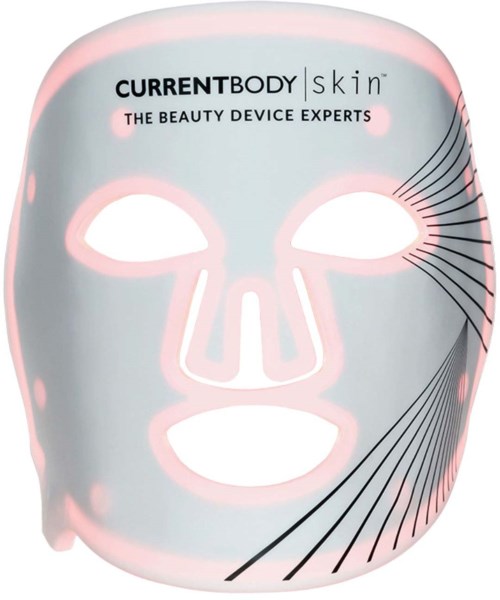 Gezichtsbe masker met uitsparingen voor de ogen, neus en mond, gelabeld 'CURRENTBODY skin' en 'The beauty device experts'.