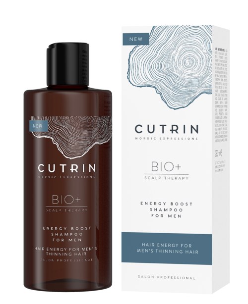 Eine braune Shampoo-Flasche und eine weiße Verpackung mit blauen Linien und Text. Beide sind für Männerhaarpflege und Energie boost gekennzeichnet.