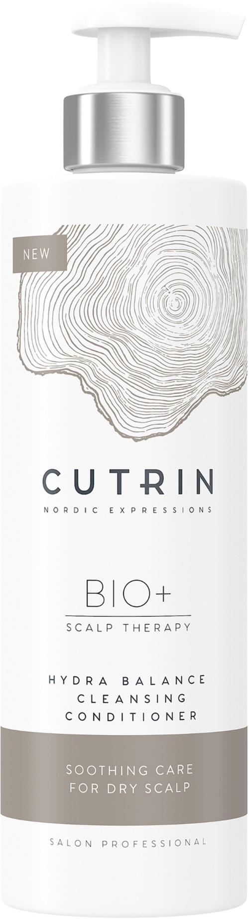 Eine weiße Flasche mit Pumpkopf, gekennzeichnet mit CUTRIN BIO+ Scalp Therapy, für trockene Kopfhaut, mit topografischem Design auf dem Etikett.