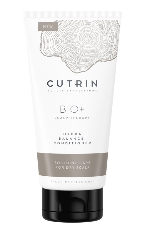 Eine weiße Tube mit schwarzem Deckel, beschriftet 'Cutrin Bio+ Hydra Balance Conditioner,' für trockene Kopfhautpflege.