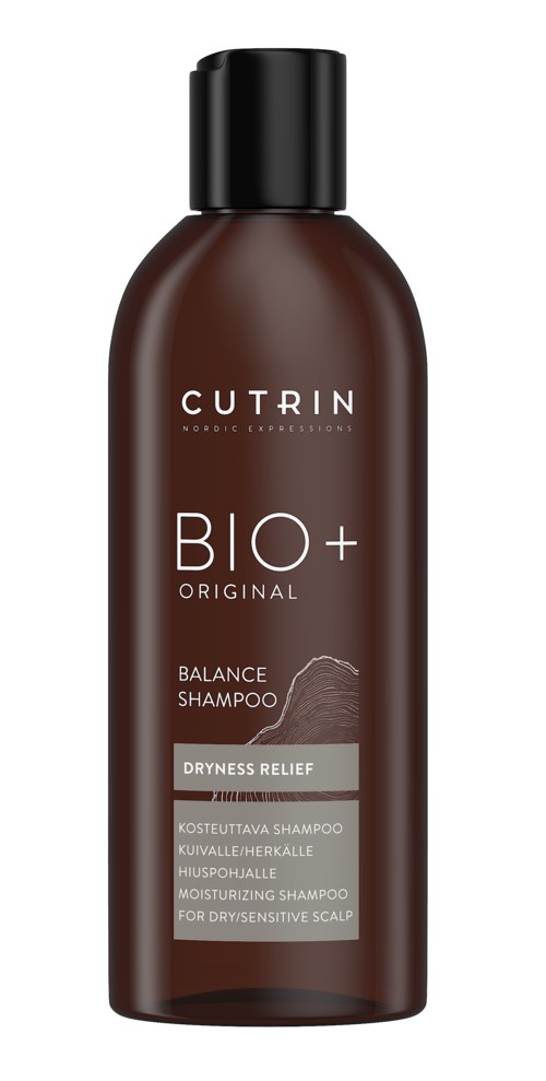 Brown bottle of shampoo labeled 'CUTRIN BIO+ Original' for dry scalp comfort.