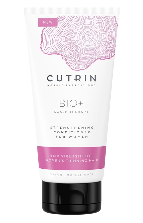 Eine weiße Tube mit rosa Details, beschriftet 'Cutrin BIO+ Scalp Therapy' für die Stärkung und das Dünnerwerden von Frauenhaar.