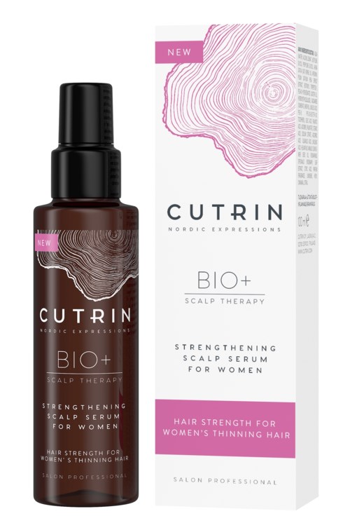 Eine dunkle Flasche mit Kopfhautserum für Frauen neben einer weißen Box mit rosa Linienkunst, beschriftet 'Cutrin BIO+ Scalp Therapy' und 'Strengthening.'