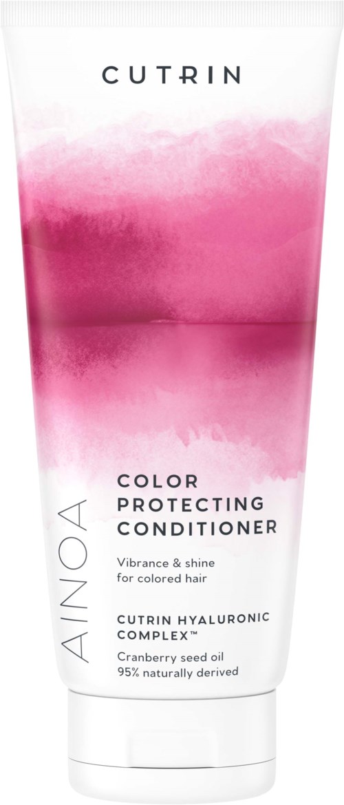 Biała tubka z różowym akwarelowym wzorem, oznaczona 'Cutrin' i 'Ainoa Color Protecting Conditioner' do farbowanych włosów.