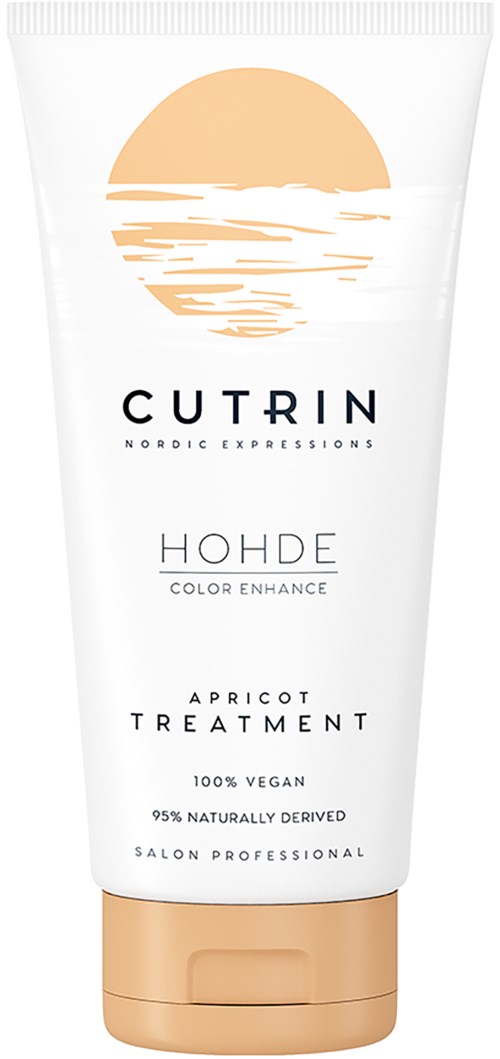 En vit tub med en sol- och havslogo, står 'Cutrin', 'Hode', 'Apricot Treatment', 100% vegansk, naturliga ingredienser.