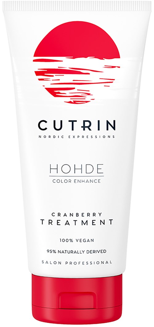 A white tube with a red sun logo and black text, used for cranberry treatment, vegan and natural.