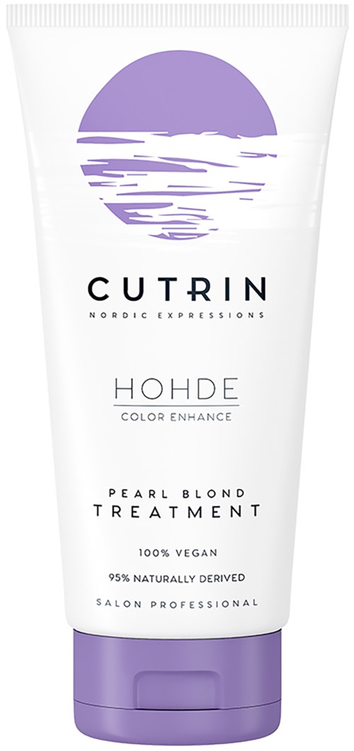 En vit tub med hårbehandling och lila lock, visar en lila cirkel med solnedgång och vattnets vågor. Texten säger 'Cutrin', 'Höje' och 'Pearl Blonde Treatment'.