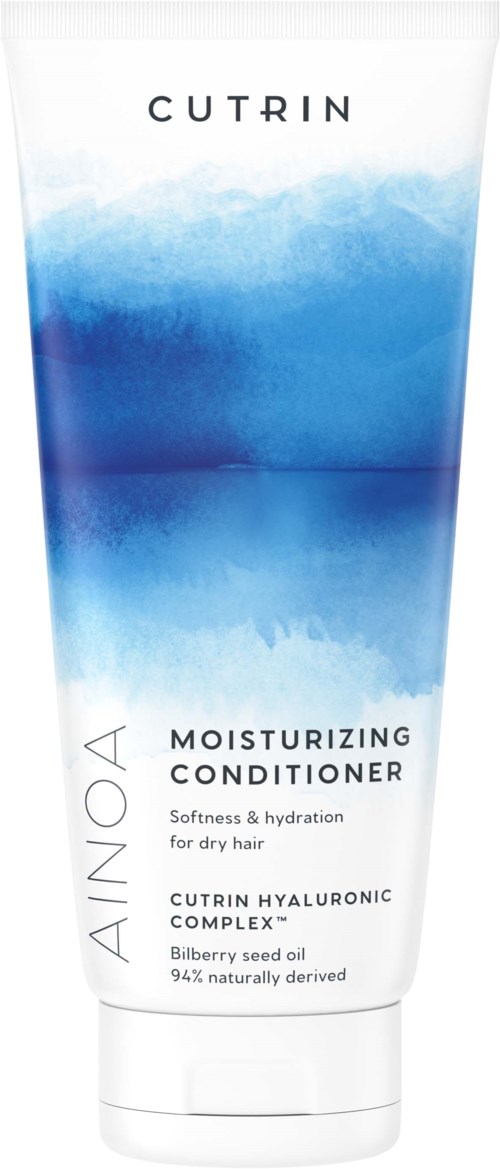 Blue and white tube of moisturizing conditioner with water splash design, labeled for dry hair with hyaluronic acid and blueberry seed oil.