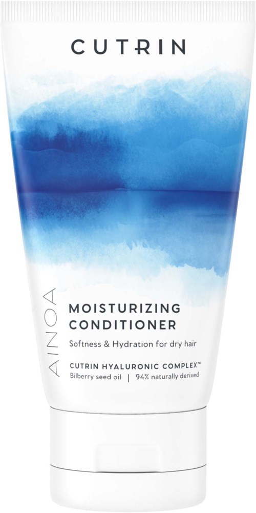 En vit och blå tub med etiketten 'Cutrin Moisturizing Conditioner' och ord om hårmjukhet och fuktighet.
