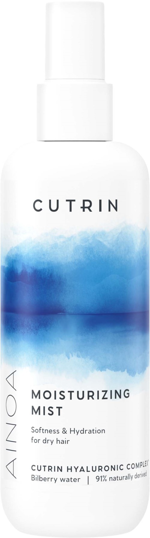Valkoinen suihkepullo, jossa sininen vesikuvi, nimeltään 'Cutrin Moisturizing Mist', hoitaa hiusten kosteutta ja pehmeyttä.