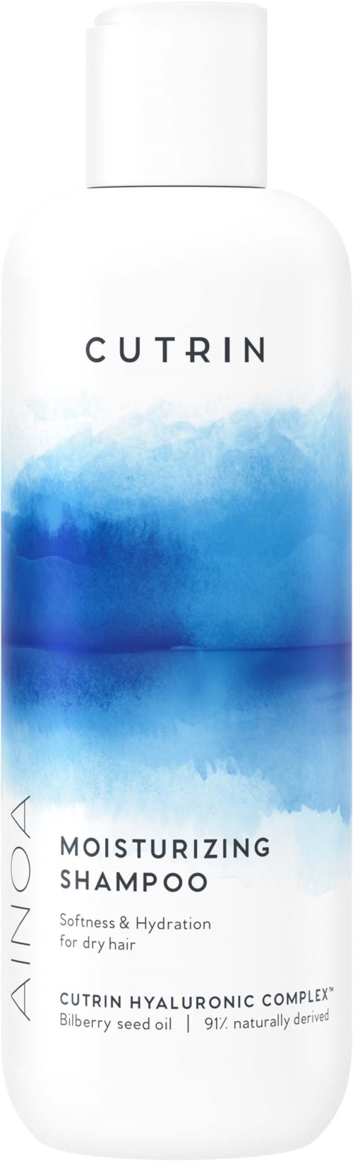 A white shampoo bottle labeled 'Cutrin' with blue watercolor design, promotes moisturizing and hydration for dry hair.
