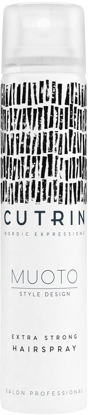 Eine weiße und schwarze Haarspraydose namens MUOTO von CUTRIN mit einem strukturierten Muster.