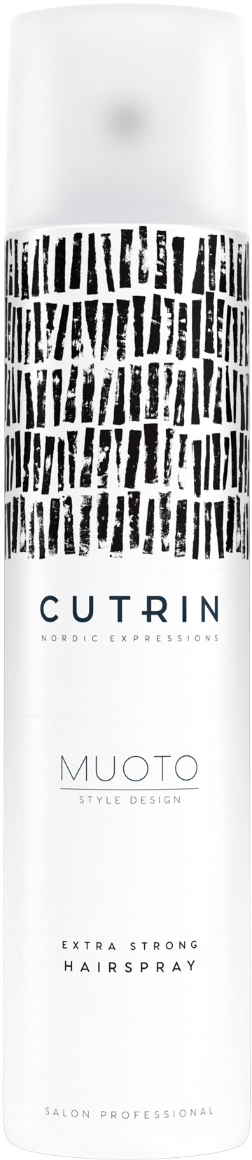 Eine weiße Dose mit schwarzem Muster, gekennzeichnet als Cutrin Muoto Hairspray, Extra Strong, für professionelle Verwendung.