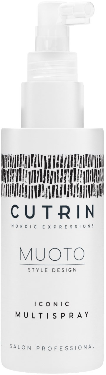 Eine weiße Flasche mit Pumpe, gekennzeichnet Cutrin Muoto, stilvolles Design und Multispray für Haare.
