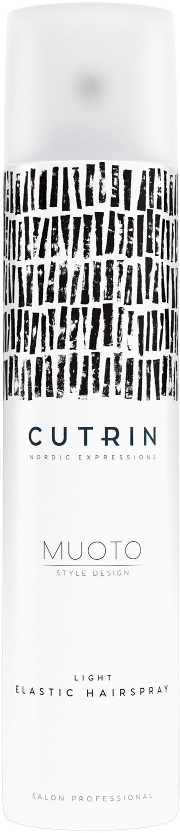 Leichter elastischer Haarspray in weißer Dose mit schwarzem Muster, Marke 'CUTRIN' und Produkt 'MUOTO' aufgedruckt.