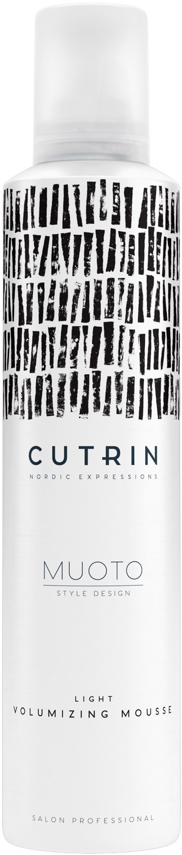 Eine weiße zylindrische Dose mit schwarzen abstrakten Linien oben, beschriftet "CUTRIN Light Volumizing Mousse".
