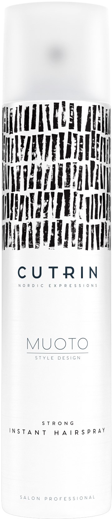 Eine lange weiße Dose mit schwarzen abstrakten Mustern und Text für ein Haarspray-Produkt.