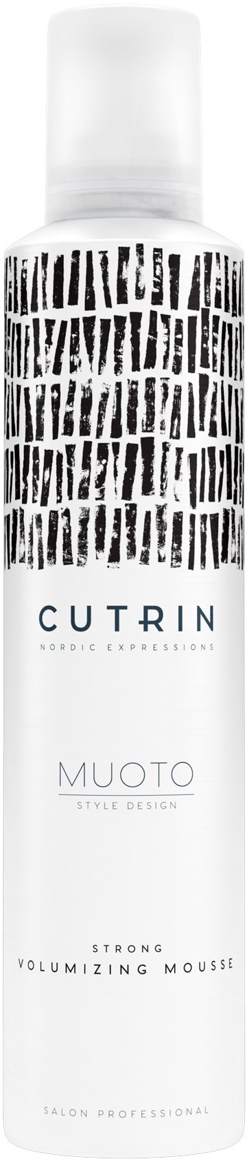 Eine lange weiße Dose mit schwarzen Linien und den Worten 'CUTRIN' und 'MUOTO'. Es ist ein Haarstyling-Produkt.