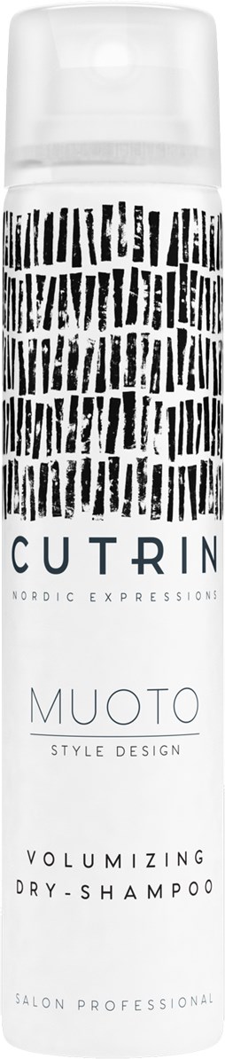 Eine lange weiße Dose mit schwarzen abstrakten Linien, gekennzeichnet als Volumen verleihendes Trockenshampoo von CUTRIN MUOTO Style Design.