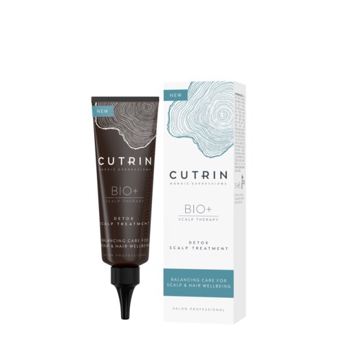 Ein Haarpflegeprodukt namens CUTRIN BIO+ Detox Scalp Therapy mit Verpackungsschachtel in Blau und Weiß.