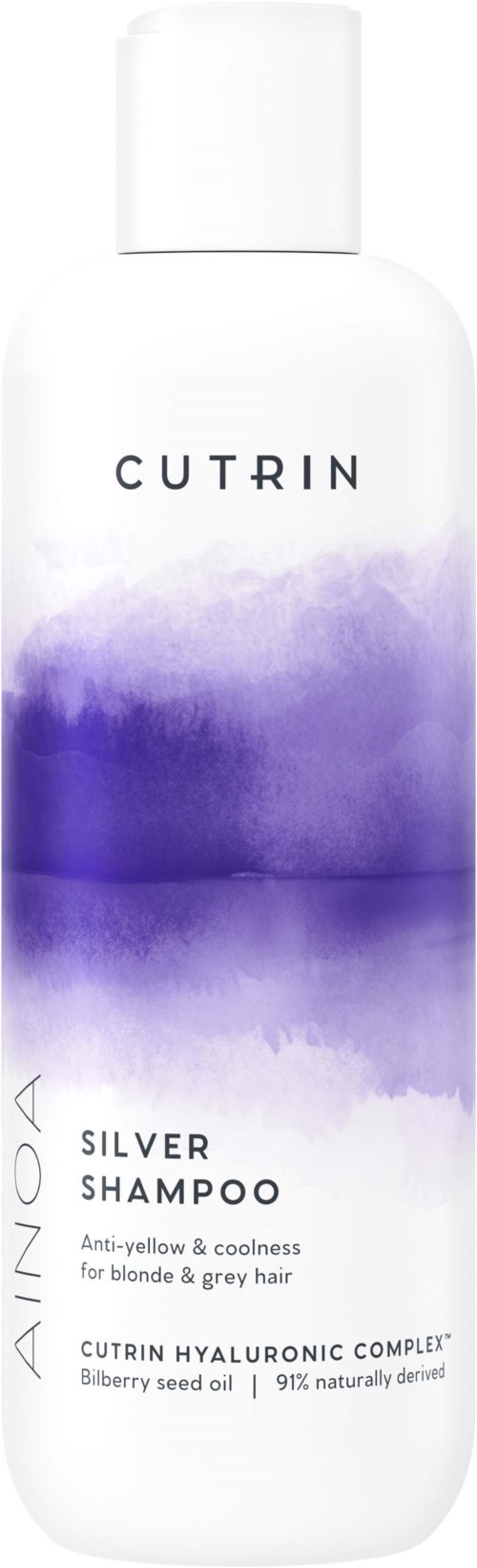 Valkoinen shampoopullo, jossa on violettimainen veden kaltainen muotoilu, nimeltä 'CUTRIN SILVER SHAMPOO' vaalealle ja harmaalle hiuksille.