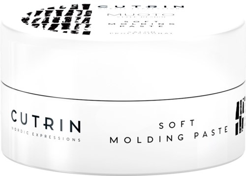 Ein runder weißer Behälter mit der Aufschrift 'CUTRIN SOFT MOLDING PASTE' in Schwarz, für Hairstyling.