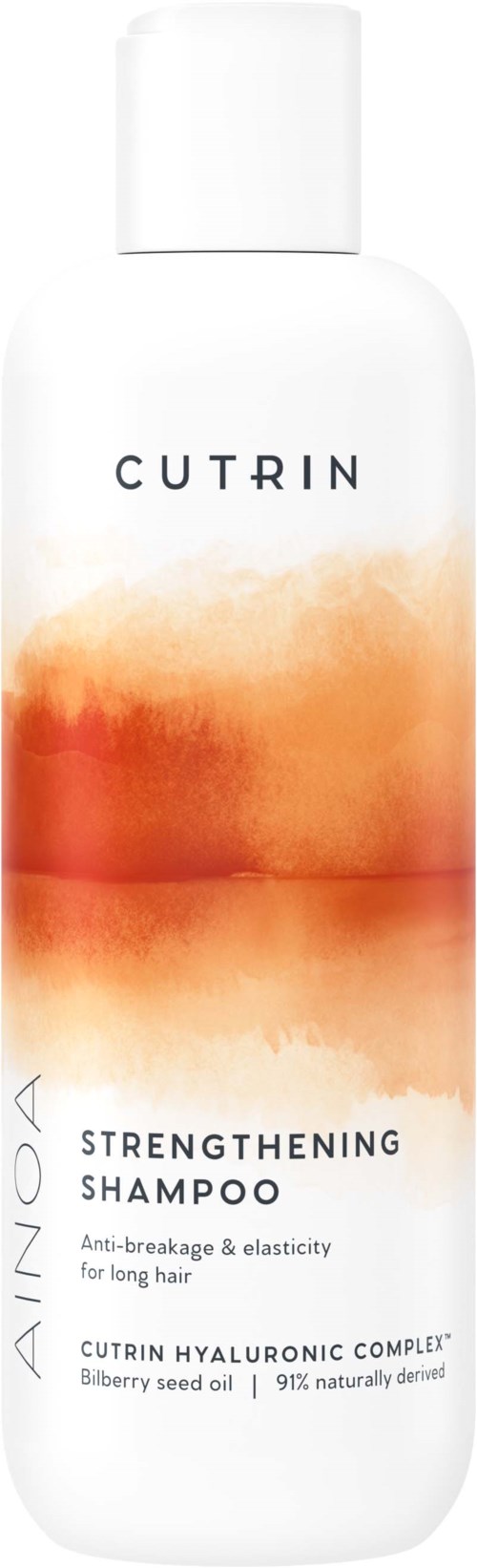 Valkoinen shampoopullo, jossa on oranssi- ja punasplash-logo, nimeltä 'Cutrin Strengthening Shampoo'.