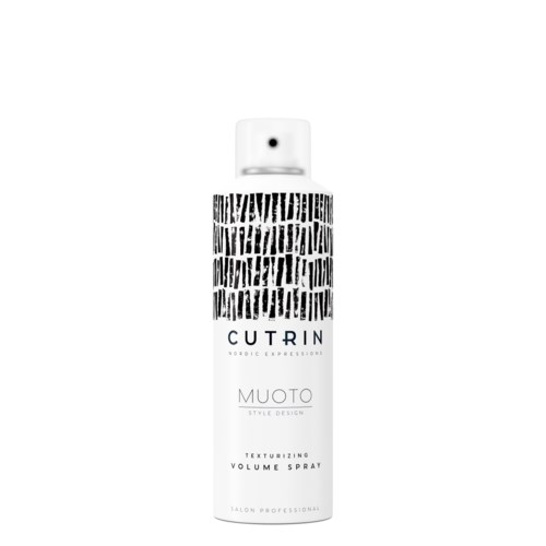 Eine weiße Sprühflasche mit schwarzem Text und Muster, als Produkt für Haarvolumen und Styling gekennzeichnet.