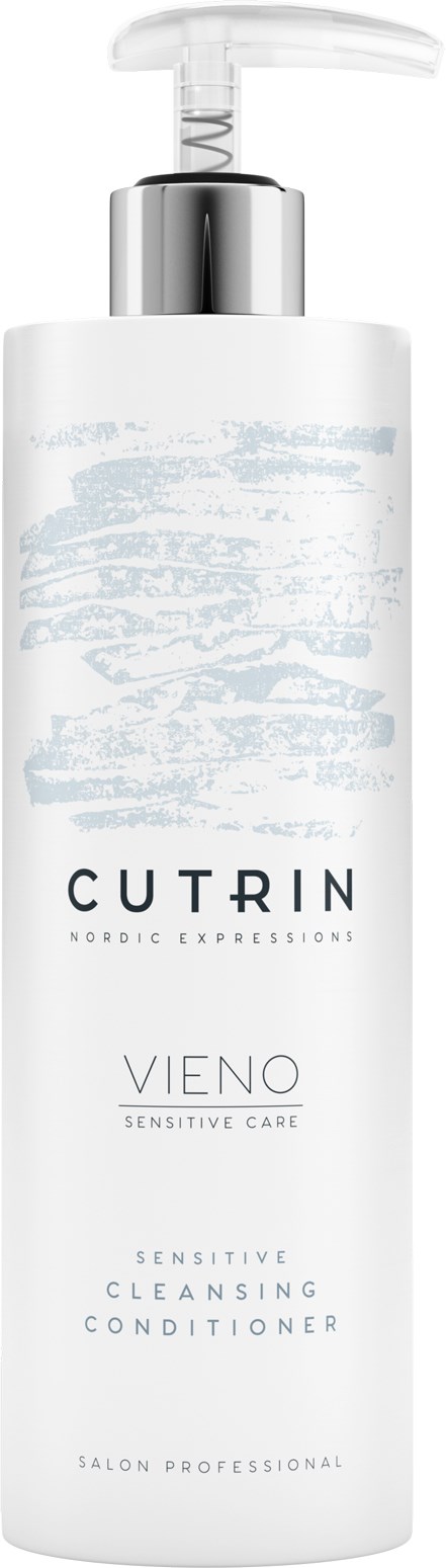Eine weiße Flasche mit Pumpkopf, beschriftet 'Cutrin Vieno Sensitive Cleansing Conditioner' für empfindliche Haut. Einfaches Design.