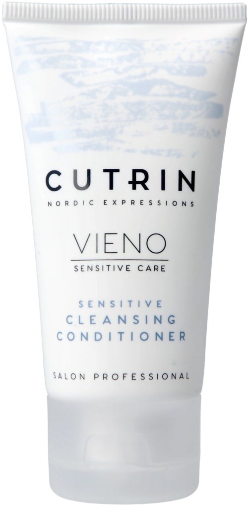 En vit tub med svart och blå text, märkning av sensitive cleansing conditioner av Cucerin för professionellt bruk.