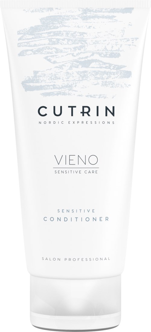 Eine weiße Tube mit schwarzen und grauen Texten, als Conditioner für empfindliche Haut gekennzeichnet, von der Marke Cutrin.