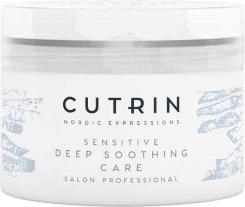 Ein weißer Behälter mit Hautpflegecreme, beschriftet 'Cutrin Sensitive Deep Soothing Care' mit blauen Akzenten.