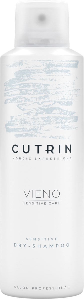 Eine weiße Flasche von Cutrin Vieno Sensitive Care Trockenshampoo mit durchsichtigem Verschluss.