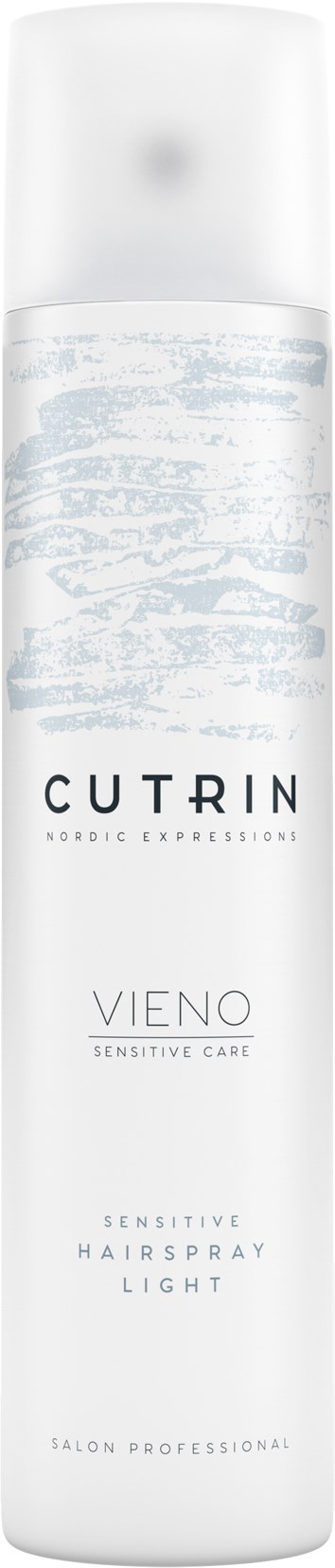 Eine lange weiße Flasche mit der Aufschrift 'CUTRIN VIENO Sensitive Hair Spray Light' für empfindliche Haarpflege.