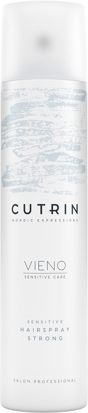 Eine lange weiße Flasche mit Haarspray 'Cutrin Vieno Sensitive Hair Spray Strong' für empfindliches Haar. Teppisches Design.