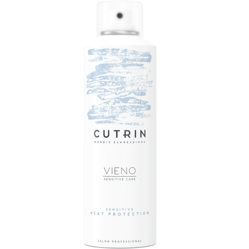 Eine weiße Flasche mit blauen Design, beschriftet "Cutrin Vieno Sensitive Heat Protection," für Haarpflege.