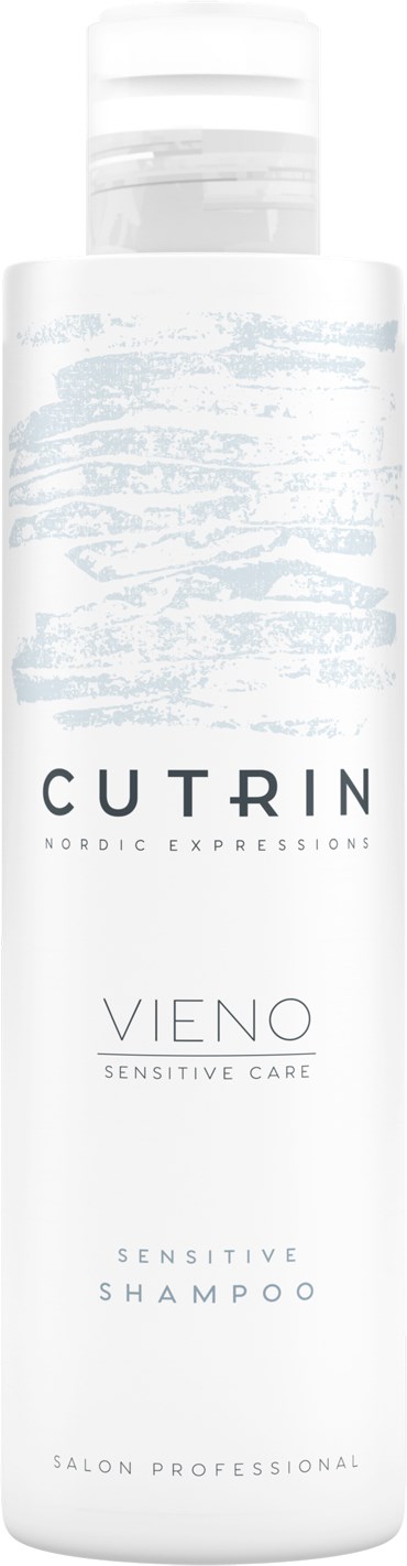 Eine weiße Flasche von Cutrin VIELO Sensitive Care Shampoo mit Klappdeckel oben.