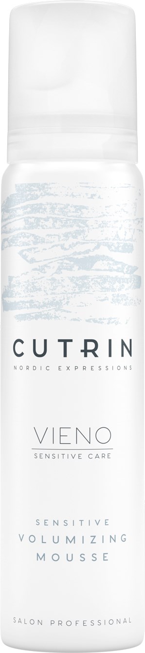 Eine weiße Flasche mit schwarzem Text, beschriftet mit "CUTRIN VIENO Sensitive Care Volumizing Mousse".
